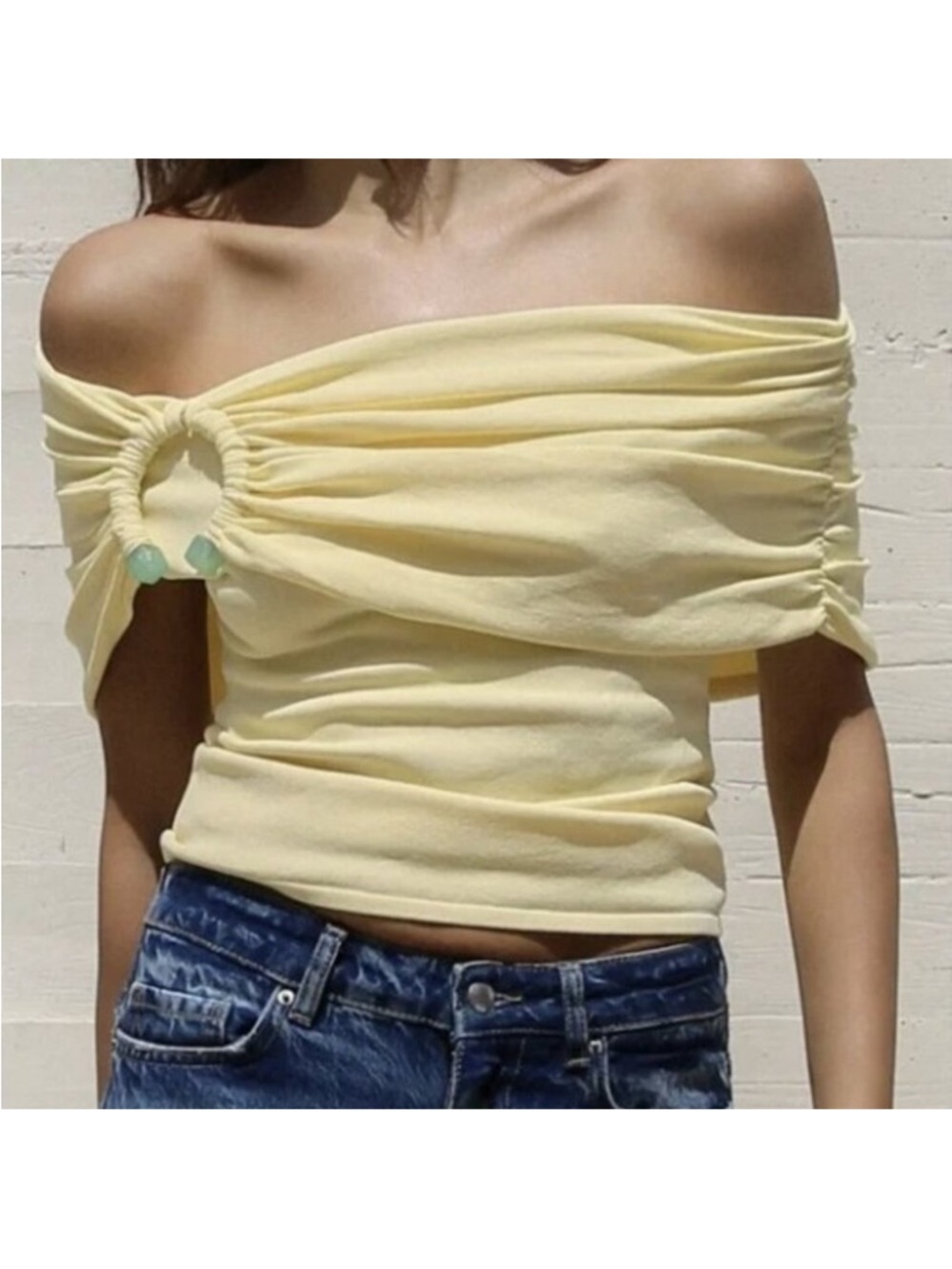 Zara Pale Yellow Off-Shoulder Crop Top